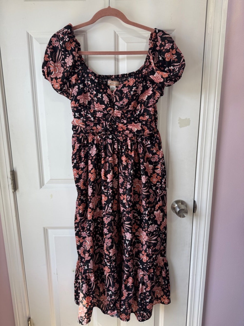 Black Floral Midi Dress with Pink Floral Print and Puff Sleeves